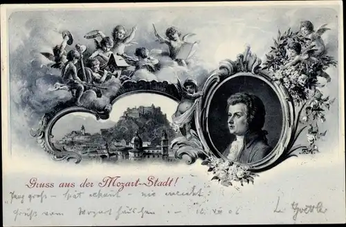 Ak Salzburg in Österreich, Blick auf die Stadt, Engel, Mozart, Komponist