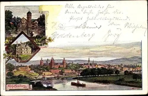 Künstler Litho Aschaffenburg in Unterfranken, Blick aus der Vogelschau, Villa