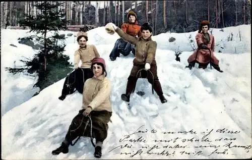 Ak Kinder auf Schlitten, Rodelbahn, Waldpartie