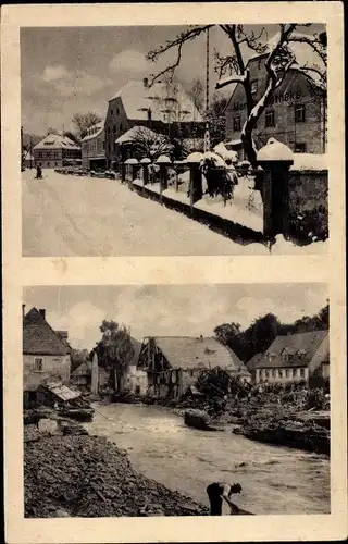 Ak Bad Berggießhübel in Sachsen, Hauptstraße vor und nach Katastrophe 1927, Hochwasser