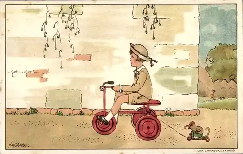 Künstler Ak Jordens, Bep, Kind auf Dreirad, Spielzeug
