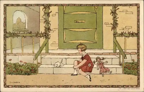 Künstler Ak Jordens, Bep, Mädchen mit Puppe und Kaninchen, Eingangstreppe