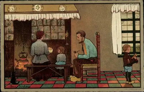 Künstler Ak Jordens, Bep, Bij het Haardvuur, niederländische Familie, Herdfeuer