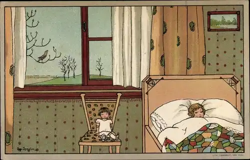 Künstler Ak Jordens, Bep, Het Zangertje, Kind schlafend im Bett, Puppe, Singvogel am Fenster