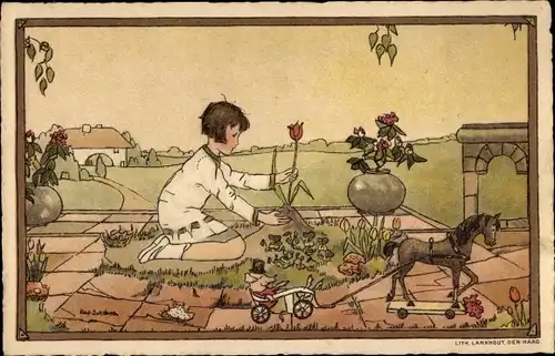 Künstler Ak Jordens, Bep, Mädchen im Garten, Spielzeuge