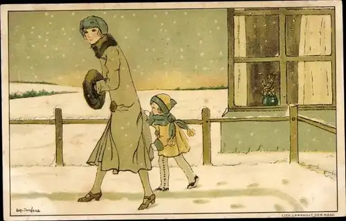 Künstler Ak Jordens, Bep, Frau und Kind in Winterkleidung