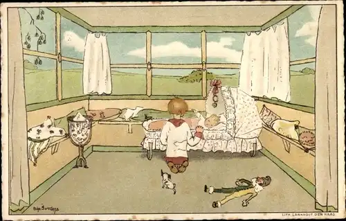 Künstler Ak Jordens, Bep, Kinderzimmer, Wiege, Spielzeuge, Kasperpuppe