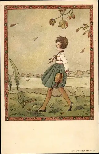 Künstler Ak Jordens, Bep, Mädchen spaziert im Herbstwind