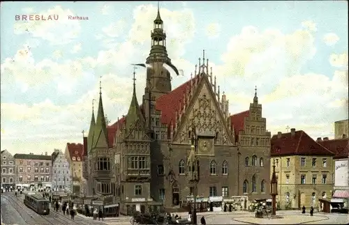 Ak Wrocław Breslau Schlesien, Rathaus, Straßenbahn