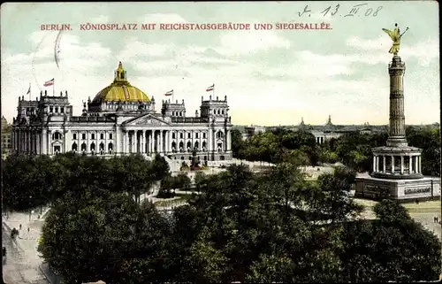 Ak Berlin Tiergarten, Königsplatz mit Reichstagsgebäude und Siegesallee