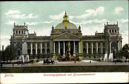 Ak Berlin Tiergarten, Reichstagsgebäude mit Bismarckdenkmal