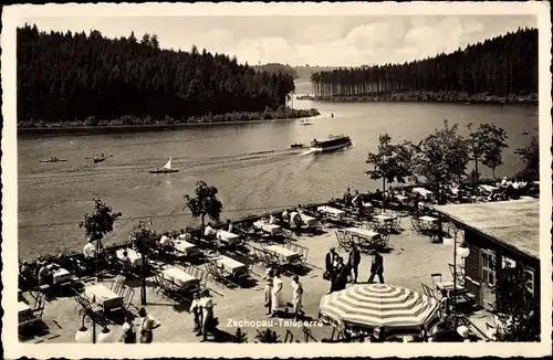 Ak Kriebstein Mittelsachsen, Zschopautalsperre, Gaststätte, Terrasse, Boote