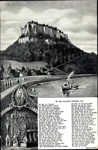 Ak Königstein an der Elbe Sächsische Schweiz, Gesamtansicht mit Festung, Sage vom Großen Fass