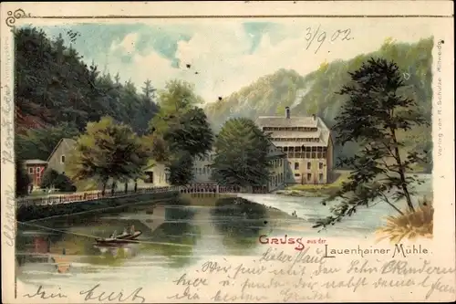 Litho Lauenhain Mittweida Sachsen, Blick auf die Lauenhainer Mühle