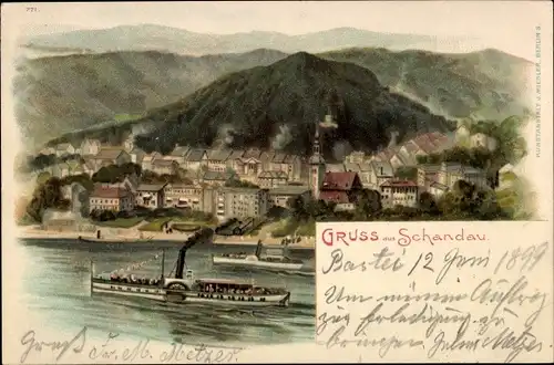Litho Bad Schandau an der Elbe, Ortschaft, Elbdampfer