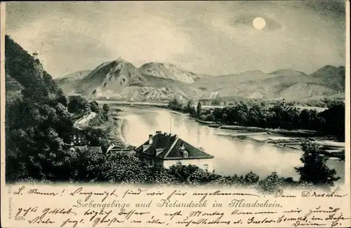 Mondschein Ak Rolandseck Remagen am Rhein, Siebengebirge