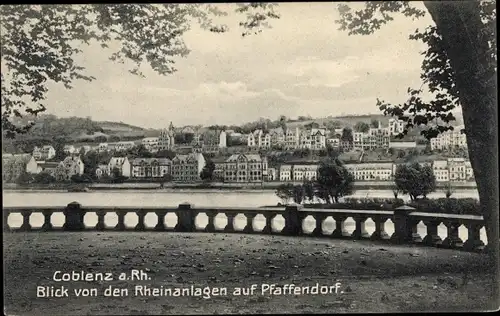 Ak Pfaffendorf Koblenz am Rhein, Blick von den Rheinanlagen auf den Ort