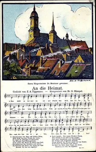 Lied Ak Tippmann, Albin, Roßwein in Sachsen, An die Heimat, Ortspartie mit Kirche