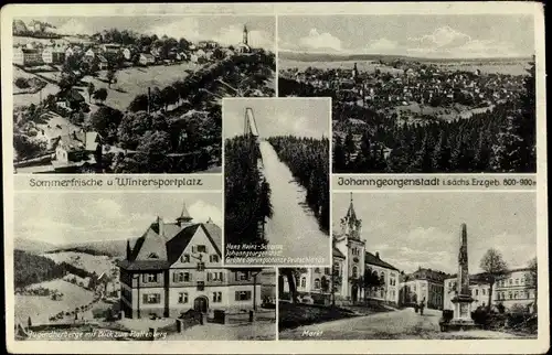 Ak Johanngeorgenstadt im Erzgebirge, Markt, Jugendherberge mit Blick zum Plattenberg, Schanze