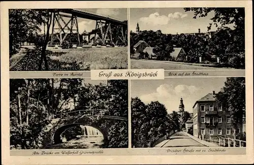 Ak Königsbrück in der Oberlausitz, Stadthaus, Auentalpartie, Dresdner Straße, Stadtkirche, Brücke