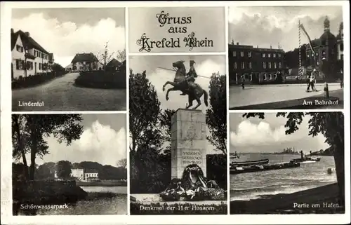 Ak Krefeld am Niederrhein, Lindental, Schönwasserpark, Partie am Hafen, Denkmal der 11er Husaren