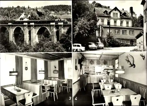 Ak Jocketa Pöhl Vogtland, Konsum Gaststätte Elstertalbrücke Barthmühle, Restaurant, Eisenbahnbrücke