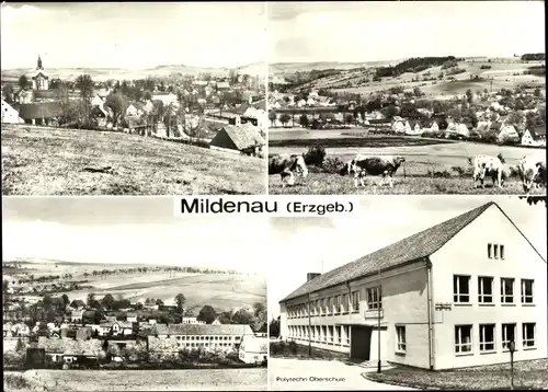 Ak Mildenau im Erzgebirge, Polytechnische Oberschule, Ortsansicht