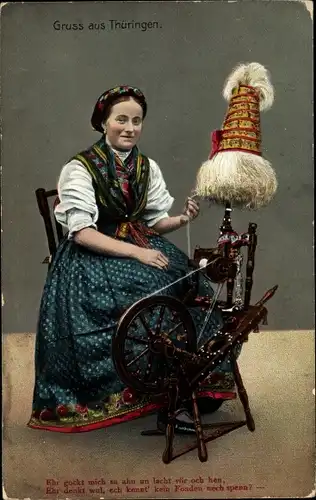 Ak Schwarzburg in Thüringen, Frau in Tracht am Spinnrad