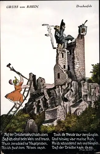 Künstler Ak Königswinter am Rhein, Drachenfels, Ruine, Menschen, Gedicht