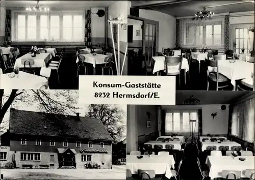 Ak Hermsdorf im Erzgebirge, Konsum Gaststätte, Innenansicht, Außenansicht