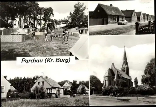 Ak Parchau Burg bei Magdeburg, Zeltplatz, Friedensweg, Chausseestraße, Kirche