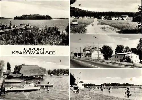 Ak Krakow am See Mecklenburg, Blick vom Burgwall zur Insel, Fischerhaus, Städt. Bad, Jugendherberge