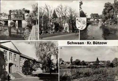 Ak Schwaan in Mecklenburg, Warnowbrücke, Markt, An der Beke, Polytechnische Oberschule