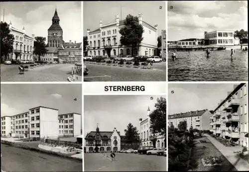 Ak Sternberg in Mecklenburg, Karl-Liebknecht-Platz, Rathaus, Bad und Konsum Strandgaststätte