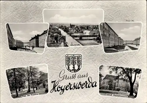Ak Hoyerswerda in der Oberlausitz, Schulstraße, Steinstraße, Platz des Friedens, Schloss, Wappen