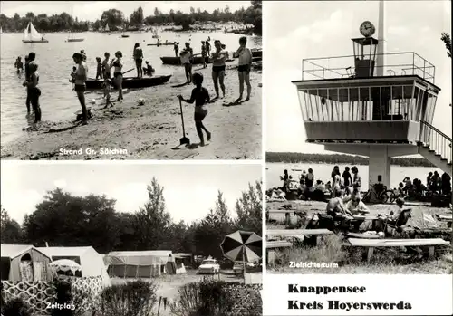 Ak Groß Särchen Lohsa in der Oberlausitz, Knappensee, Strand, Zielrichterturm, Zeltplatz