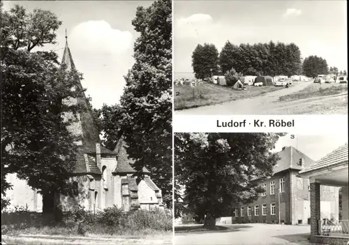 Ak Ludorf an der Müritz Mecklenburg, Dorfkirche, Zeltplatz, Rat der Gemeinde, Gaststätte