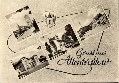 Ak Altentreptow Mecklenburg Vorpommern, Brandenburger Tor, Bahnhof, Krankenhaus, Wappen