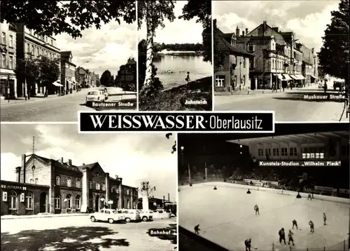 Ak Weißwasser in der Oberlausitz, Bautzener Straße, Kunsteis Stadion Wilhelm Pieck, Eishockeyspiel