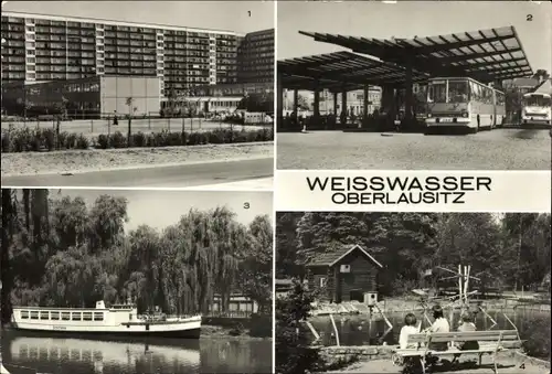 Ak Weißwasser in der Oberlausitz, Wohnkomplex am Wasserturm, Leninring, Busbahnhof, Tierpark