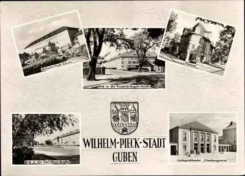 Wappen Ak Guben in der Niederlausitz, Fr. Engels Str., Lichtspieltheater Friedensgrenze