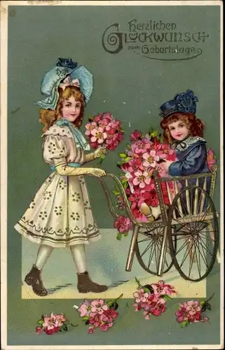 Präge Ak Glückwunsch Geburtstag, Kinder, Blumen