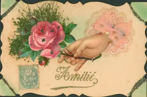 Glitzer Stoff Ak Amitie, Frauenhand, Rose, getrocknete Pflanze, Schleife