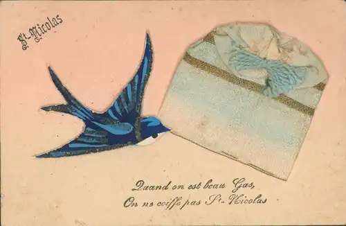 Glitzer Stoff Ak St. Nicolas, Schwalbe, Stoffhaube