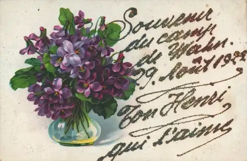 Glitzer Ak Veilchen in Blumenvase, Souvenir du camp de Wahn