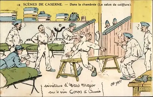 Künstler Ak Scenes de Caserne, dans la chambree, le salon de coiffure