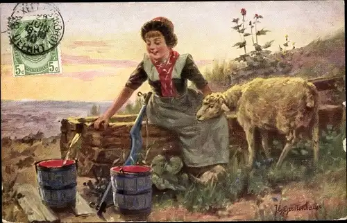Künstler Ak Gerstenhauer, J. G., Mädchen in niederländischer Tracht, Schaf, Brunnen