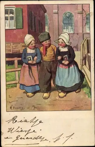 Künstler Ak Feiertag, Karl, Kinder in niederländischer Tracht, Gebetbuch