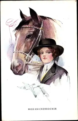 Künstler Ak Barber, Court, Miss Knickerbocker, Frau in Reitkleidung mit Pferd