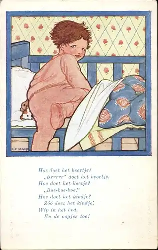 Künstler Ak Cramer, Rie, Voor 't slapen gaan, Kind geht ins Bett, Gedicht